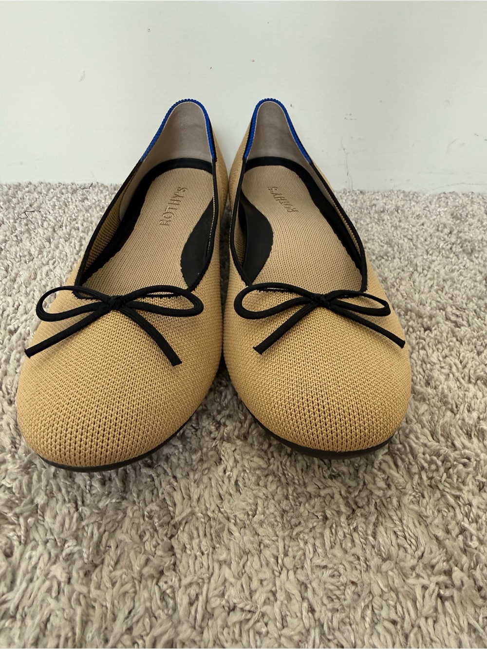 Rothy's Tan Round Toe Ballet Flats with Black Trim and Bow - Picture 3 of 11